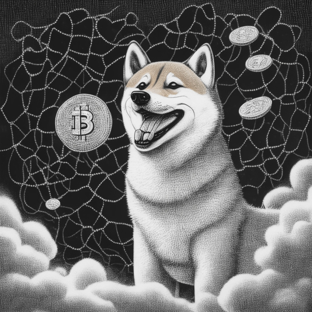 A whimsical Shiba Inu, known as 'Cheems', humorously smiles with a single Bitcoin coin in its mouth, against a complex web symbolising transactions, in a monochromatic, Dadaist style artwork. The mood is bittersweet, under overcast light, capturing the dual love and skepticism in crypto land.