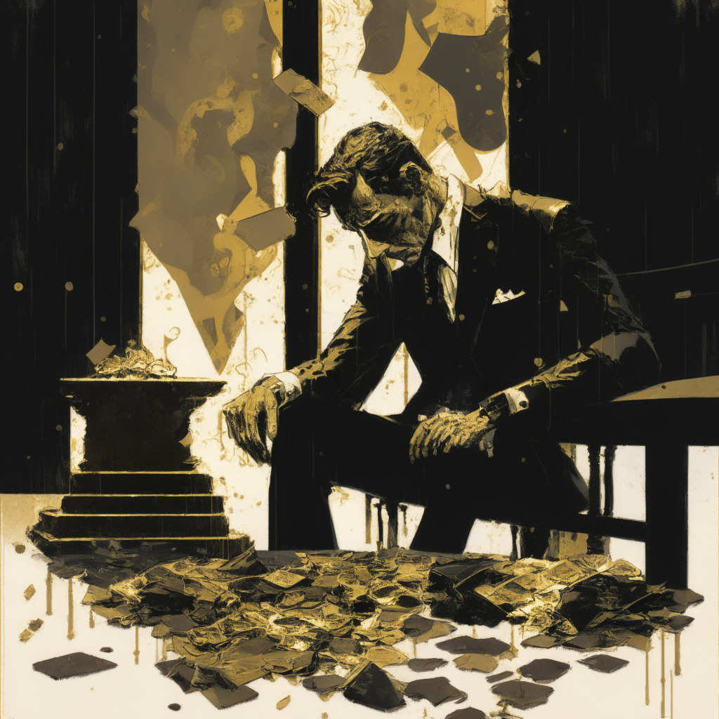 Depiction of Sam Bankman-Fried in a semi-abstract style captured in overcast light, in combustion of his professional life with the fallen golden crypto pieces surrounding him, his worried gaze locked onto a leaking hourglass on a courthouse table. The mood is dark, reflecting his legal struggles and turmoil. Simultaneously, distant shadows of lawyers and judges provide an ominous atmosphere, suggesting intensive scrutiny and insurmountable regulation.