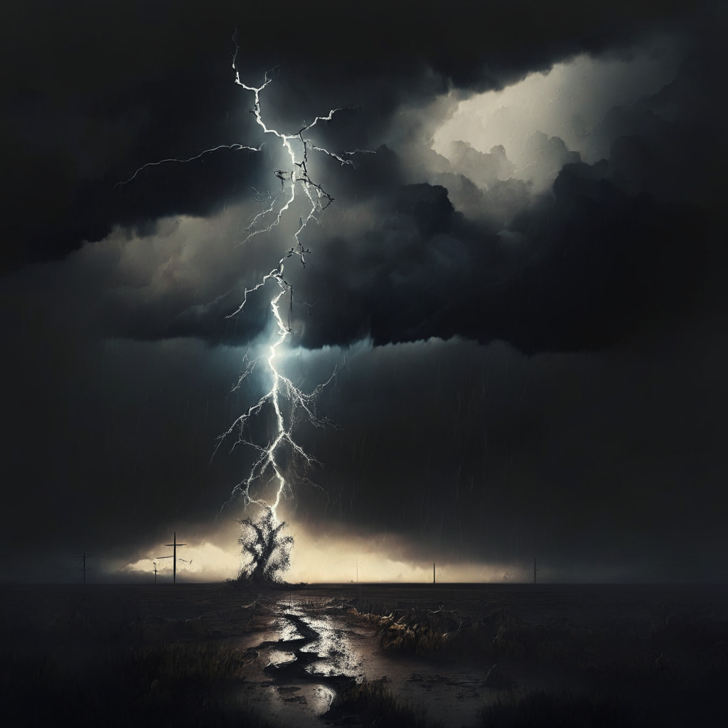 A desolate digital landscape, abstract representation of cross-chain protocol failure, figurative depiction of SpiritSwap and Multichain, dark cloudy sky symbolizing uncertainty and volatility, a single shaft of light piercing through clouds signifying hope for revival, late evening light setting a somber and mysterious mood.