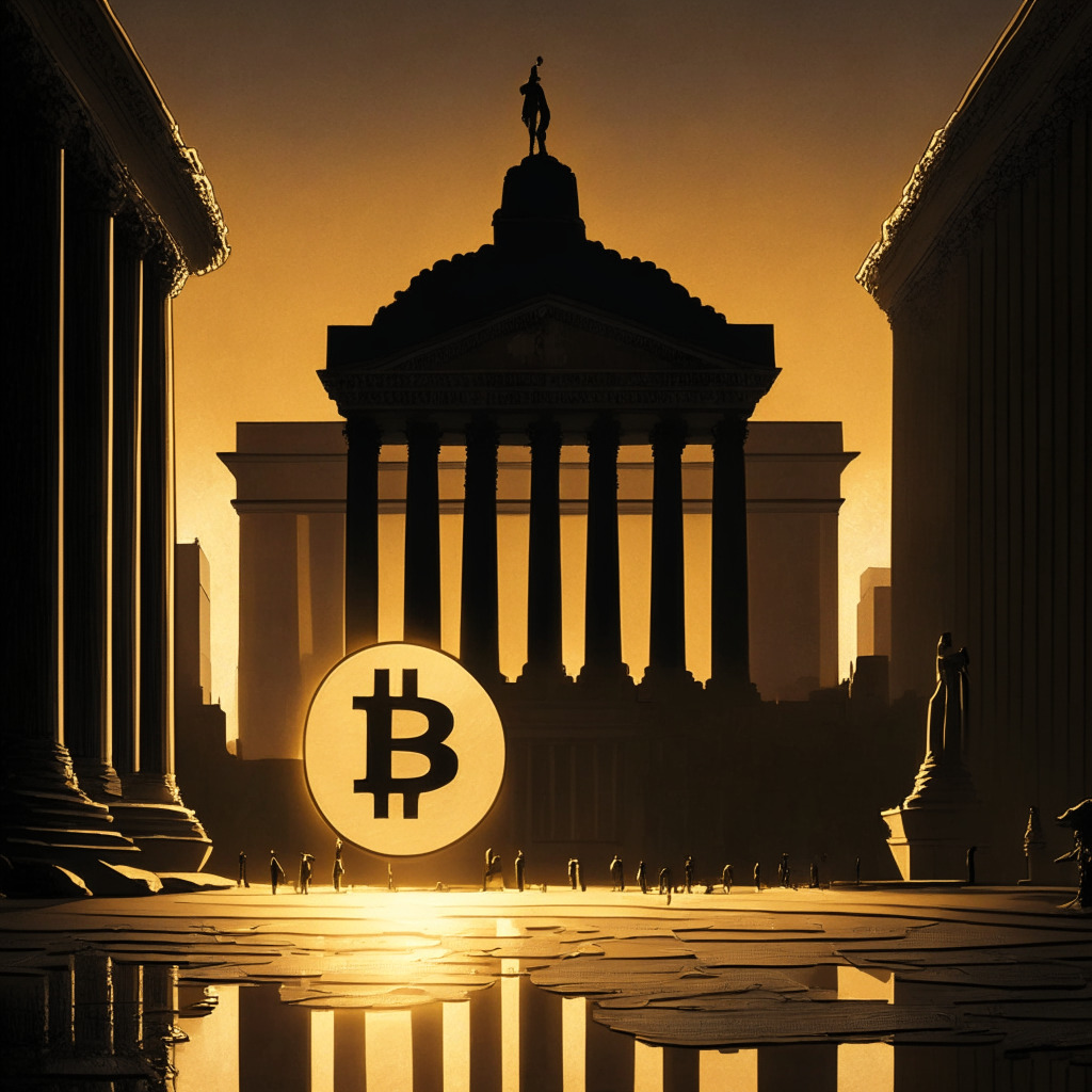 An allegorical scene at dusk, with the Federal Reserve as an imposing structure in the background, its shadow looming over a bustling financial marketplace. A golden Bitcoin coin radiates in the foreground, unscathed by the looming shadow. The mood is thoughtful and intense, with chiaroscuro techniques to emphasize contrasts between light and dark, representative of the tension between traditional finance and decentralized assets.
