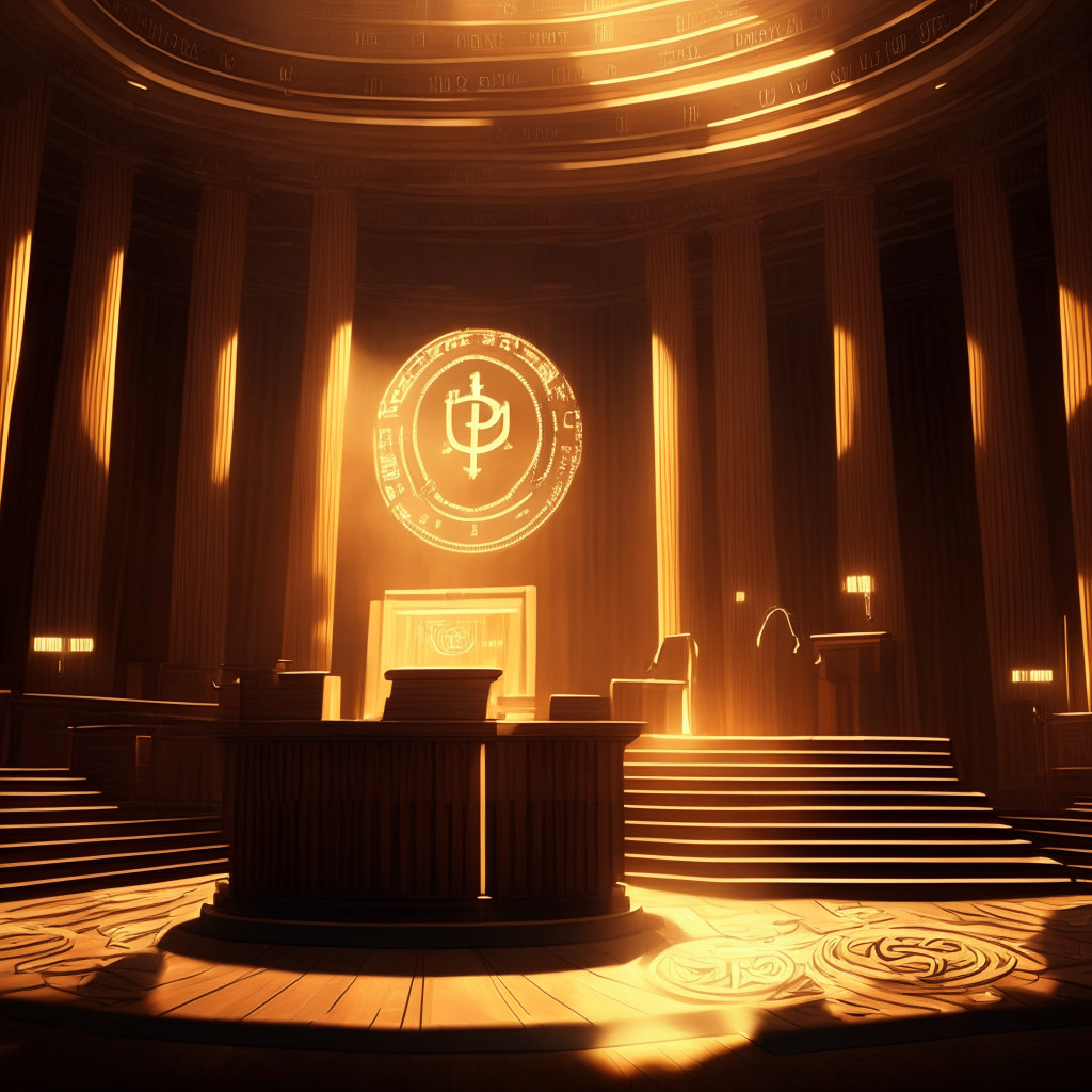A modern courtroom with traditional wooden elements, bathed in warm glowing light that infuses the space with a sense of historic significance. In the foreground, a symbolic scales of justice subtly crafted from Bitcoin symbols reflecting the glow, casting seductive hints of potential progress towards cryptocurrency acceptance. In the background, a shadowy figure represents the SEC in contemplative pose. The mood: cautiously optimistic yet draped in suspense, hinting at an uncertain yet potentially transformative financial future.