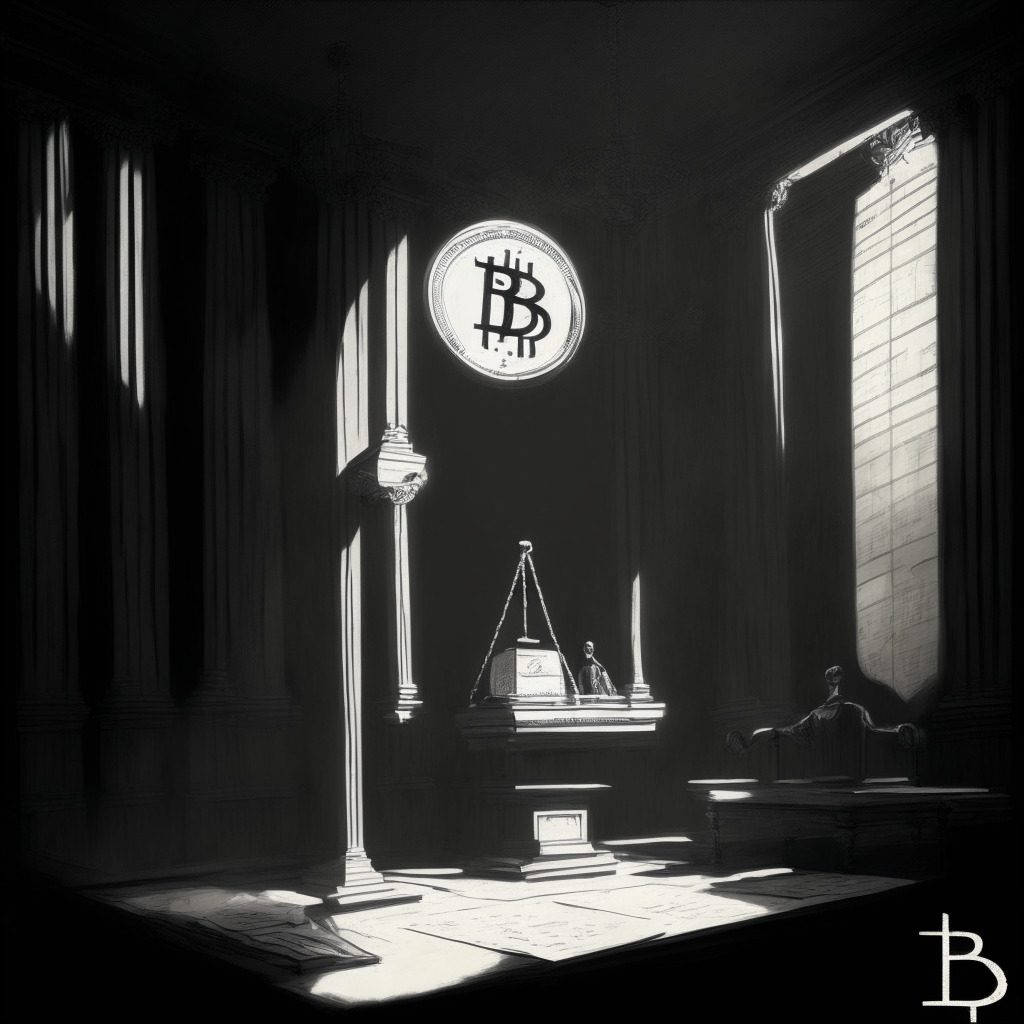 A starkly lit courtroom, on a translucent glass screen, the Bitcoin logo and a symbolic ETF enacted. Justice scales delicately balanced with a handwritten document symbolising Grayscale's application, and a gavel on the other. Shadows reflecting SEC's uncertainty. Victorian style painting, a contemplative mood, cool tones conveying the suspense amidst an air of cautiously anticipated innovation.