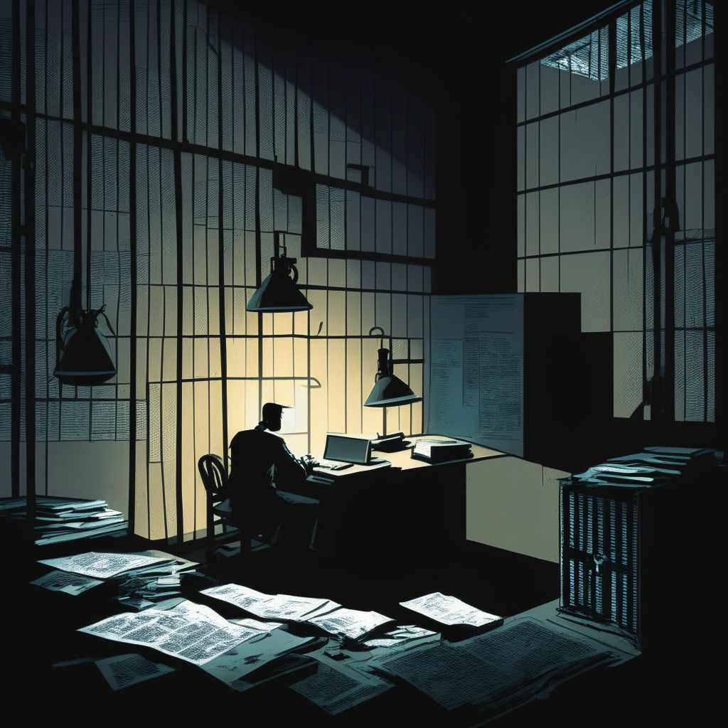 A mysterious, high-security prison interior, prolific tech-enthusiast turned convict at a computer. Shadows dramatically illuminating the scene, legal documents scattered, an ominous sense of intrigue and tension. Art style influenced by German Expressionism, night setting, exploring challenges of balancing technology freedom and legal constraints.