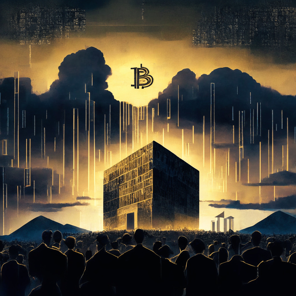 An abstract financial landscape under a dramatic twilight sky, a lone figure symbolizing Jerome Powell with a large crowd eagerly waiting. Bitcoin and Ether represented as metallic, luminous structures slightly tarnished. Binance as a fortified castle, indication of strength, assurance. Introduce a captivating Colombian peso-anchored token gleaming amidst the scene, image exuding a sense of anticipation mixed with uncertainty.