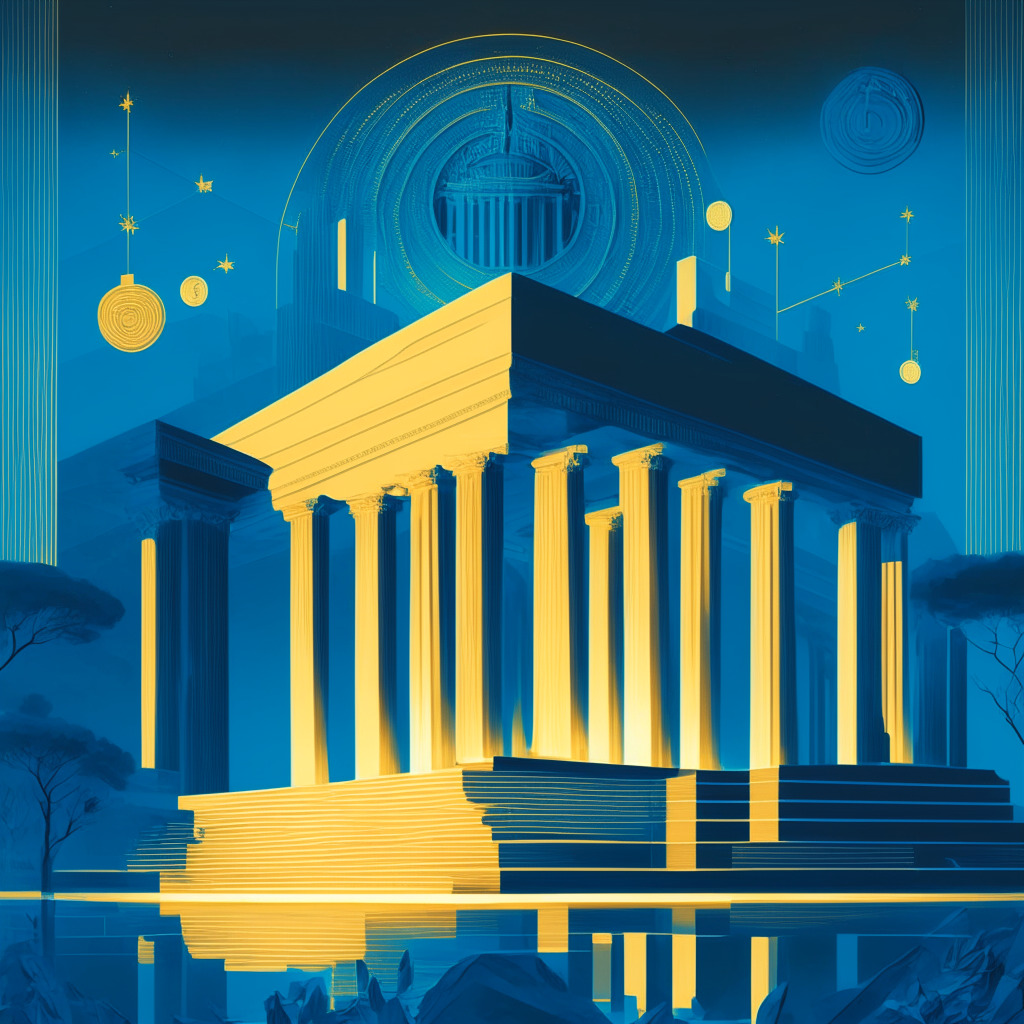 A modernist interpretation of the US Federal Reserve in a minimalist style, overseeing a sprawling digital landscape marked with elements representing blockchain and cryptocurrency in hues of metallic blue and gold. The scene bathed in the soft twilight glow, reflecting a sober mood. A scale perfectly balanced, symbolizing the delicate equilibrium between innovation and regulation.