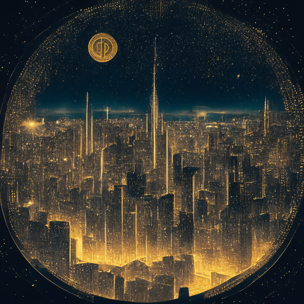 An intricately detailed scene of a modern cityscape overlaying a giant cryptocurrency coin beneath a clear night sky pierced with radiant, golden stars. There's a crisp cold light illuminating the city, signifying potential and risk. Meanwhile, in the foreground, sophisticated banks fortified as if layering protection, are connected by a meticulously drawn labyrinth, representing a intricate supervision system. The style is surrealist with a hint of metaphorical realism, accentuating dichotomy between potential market opportunities and the inherent risks. The mood is one of precarious balance: hopeful, yet cautious and alert.