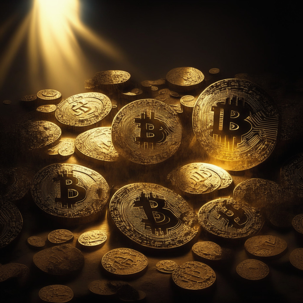 A wave of Bitcoin coins gleaming with golden light in a chiaroscuro setting. They are cascading down, representing the cryptocurrency market's response to potential US Federal Reserve interest rate cuts. An unseen light source projects hard shadows, providing a dramatic mood to the scene. In the background, carved stone symbols represent global financial indicators. The artistic style is akin to magic realism, imbuing the inanimate coins with a powerful dynamism.