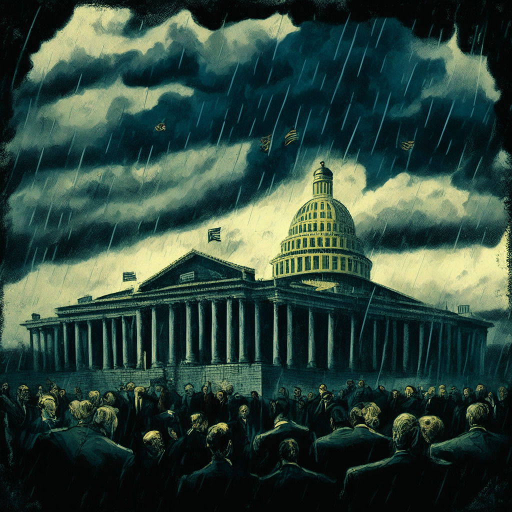 An intense political arena under a stormy, overcast sky symbolizing uncertainty, Republican lawmakers embroiled in spirited debates. Faded depictions of the Federal Reserve and crypto symbols woven into the background, illustrating the intensity of oversight on this sector. Enhanced with an expressive, Van Gogh-esque brushwork style conveying the high stakes atmosphere.