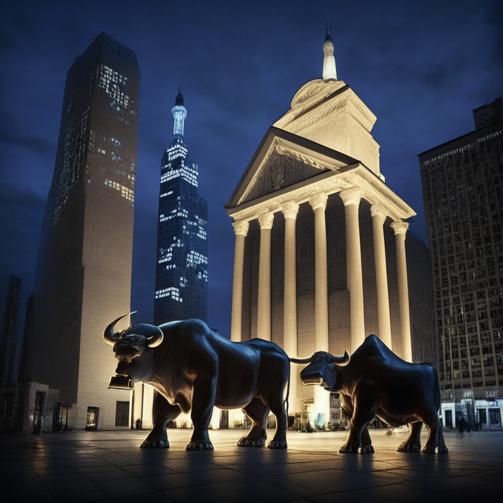 A late-evening Wall Street scene under a twilight sky, a towering Federal Reserve building radiates a glow signifying cautious optimism. A Bull and Bear sculpture duel in the foreground, the Bull is slightly subdued symbolising struggling markets, yet not defeated, displaying hints of potential resurgence. The artwork is in a realistic style with high contrast, staging the tension between optimism and skepticism.