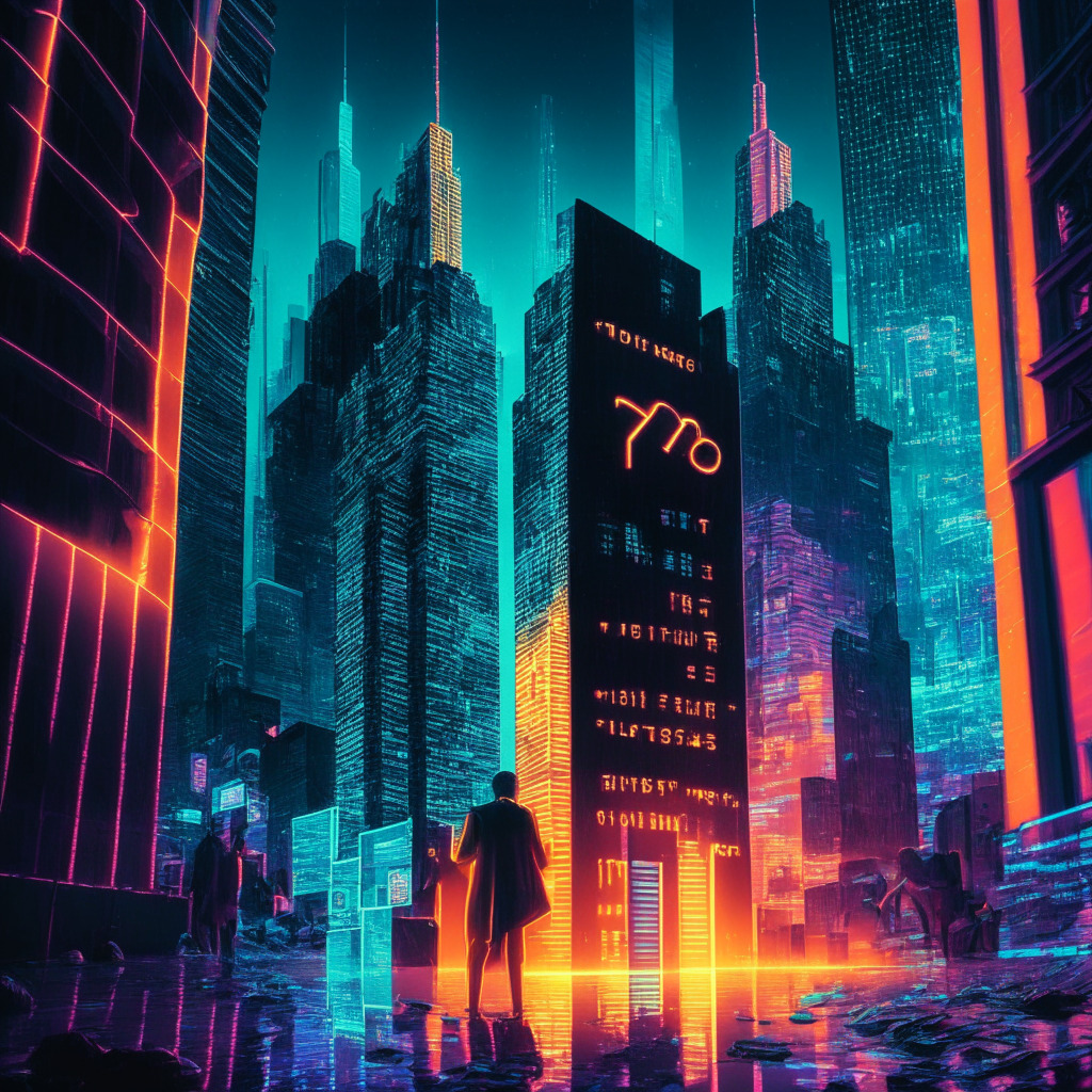 A surreal perception of Wall Street shows cryptocurrency merging into its reality under a neon-lit skyline. The atmosphere embodies the dawn of acceptance, with a progressive vibe. Bitcoin, symbolized by a boldly outlined coin, floats towards the giant finance buildings, altering the monochrome scene with futuristic hues of digital creativity.
