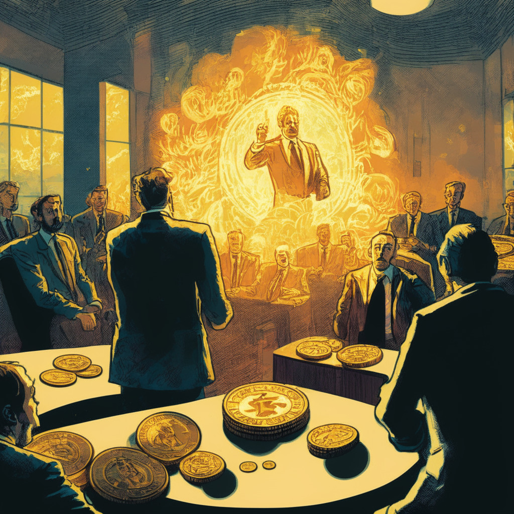 Sunset-lit courtroom scene in a Van Gogh's Starry Night style, a man in suit, handcuffed, symbolizing Sam Bankman-Fried denial, crypto coins scattered around, hinting at financial fraud. The background captures representatives of global economies expressing concerns, with tangible tension in the air. A balance scale in the foreground, symbolizing the challenging equilibrium between innovation and financial stability.