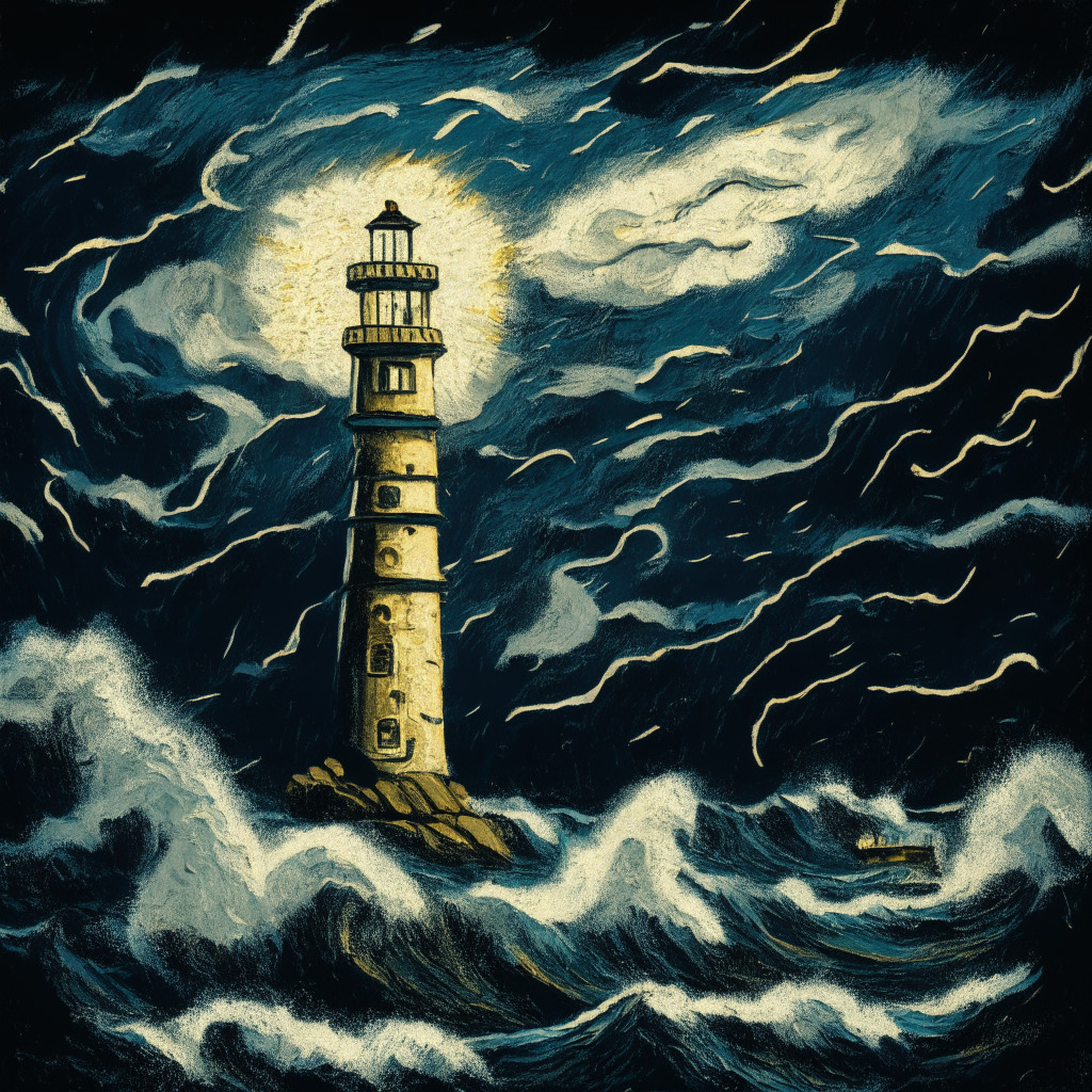Dramatic illustration of a dark stormy sea, under a brooding sky, US dollar bills swirling in the wind among erratic waves, reflecting an economic downturn, A beacon of gold light emanating from a distant lighthouse, shaped as a Bitcoin symbol, in an impressionist style reminiscent of Van Gogh, Conveying a mood of foreboding yet with a glimmer of hope in turbulent times.