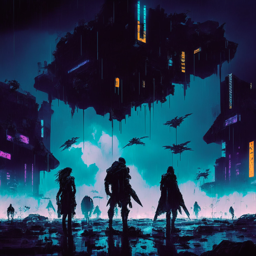 Dystopian cyberpunk scene under a stormy sky, reflecting the intense drama of a massive forced liquidation in the crypto market. Shadowy figures representing the exploited & exploiters confront on a digitized battlefield glows with the colours of BNB & Venus Protocol symbols. There's a sense of urgency, tension, and disruption. The mood is somber yet bristling with potential action.