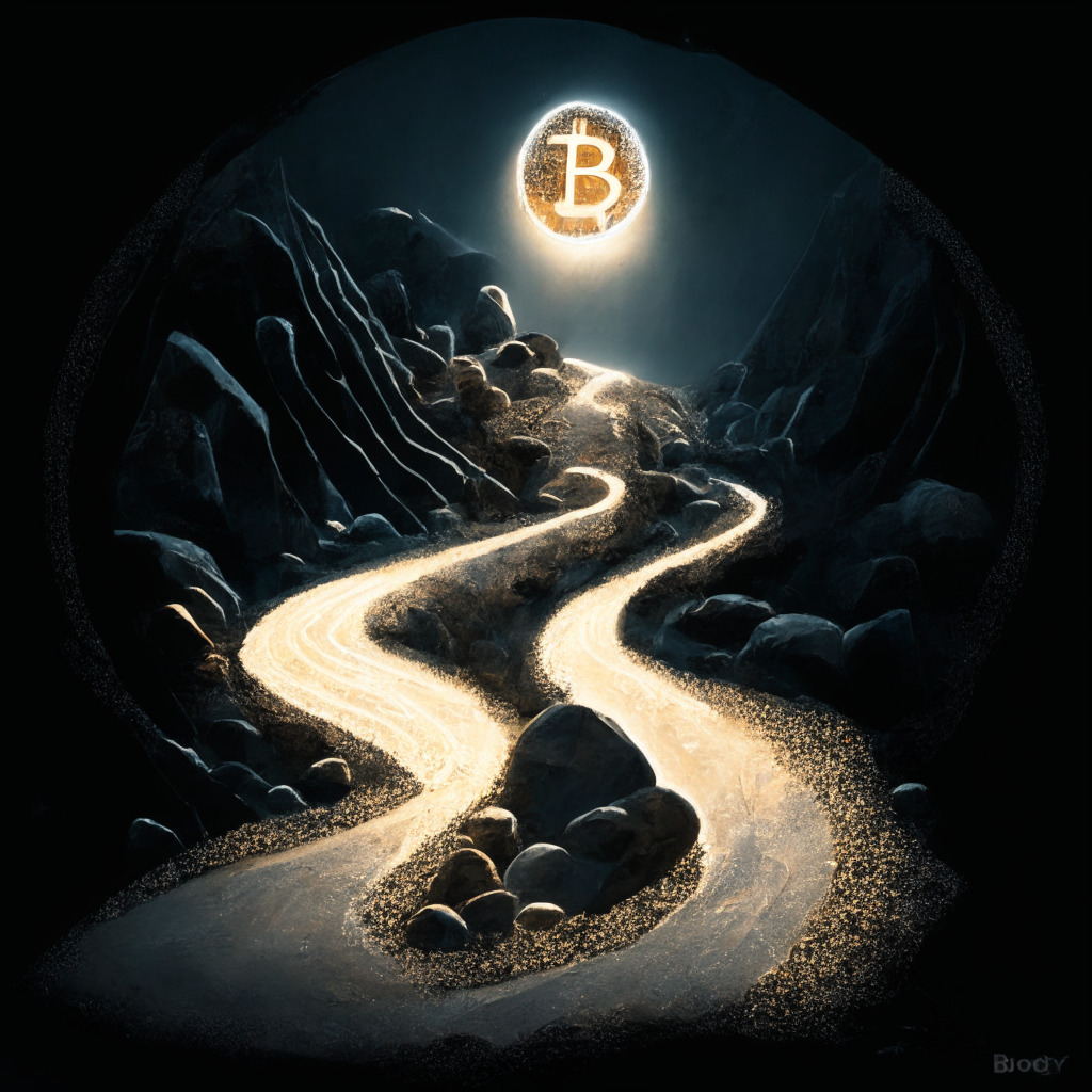 Artfully visualise a forecasted Bitcoin journey on a winding road that splits into two paths, one glowing with the soft, optimistic light of a potential boom, the other cast in the darker, sinister light of a potential fall, reflecting the mood of uncertainty. A crystal ball to symbolize prediction, separate 'smart money' players pushing a boulder uphill, indicating struggle and effort. Coming together, they present commonality and juxtaposition integrating the halving process into their narrative. In the backdrop, a pendulum swings towards a Federal Reserve building to depict the role of economic policy. No apparent logos or brands to be included.