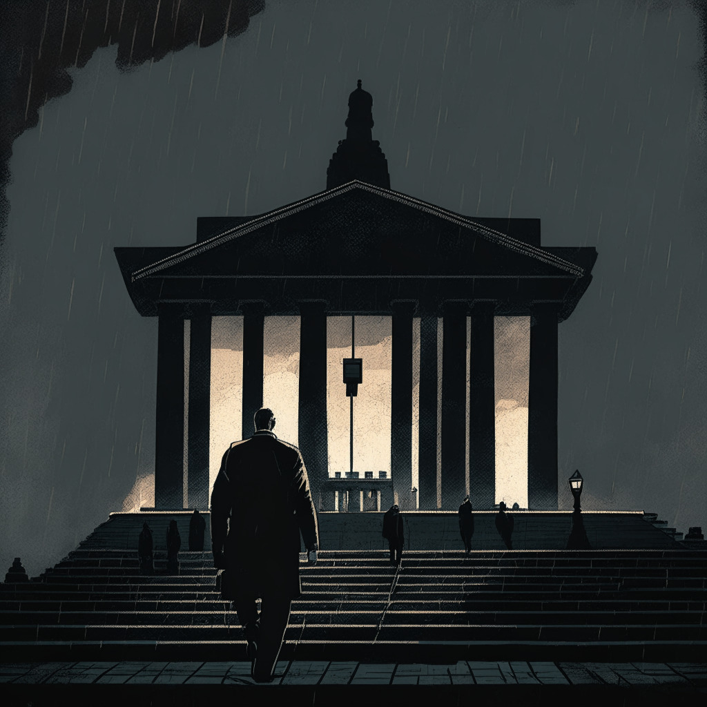 A gloomy federal courthouse at dusk, somber ambiance, under an overcast sky. On the steps of the courthouse, silhouette of a man in handcuffs escorted by federal agents. In the foreground, a Bitcoin symbol engraved in a broken gauntlet. Stylistic interpretation depicting a downfall moment in crypto history, painted in a film noir style.