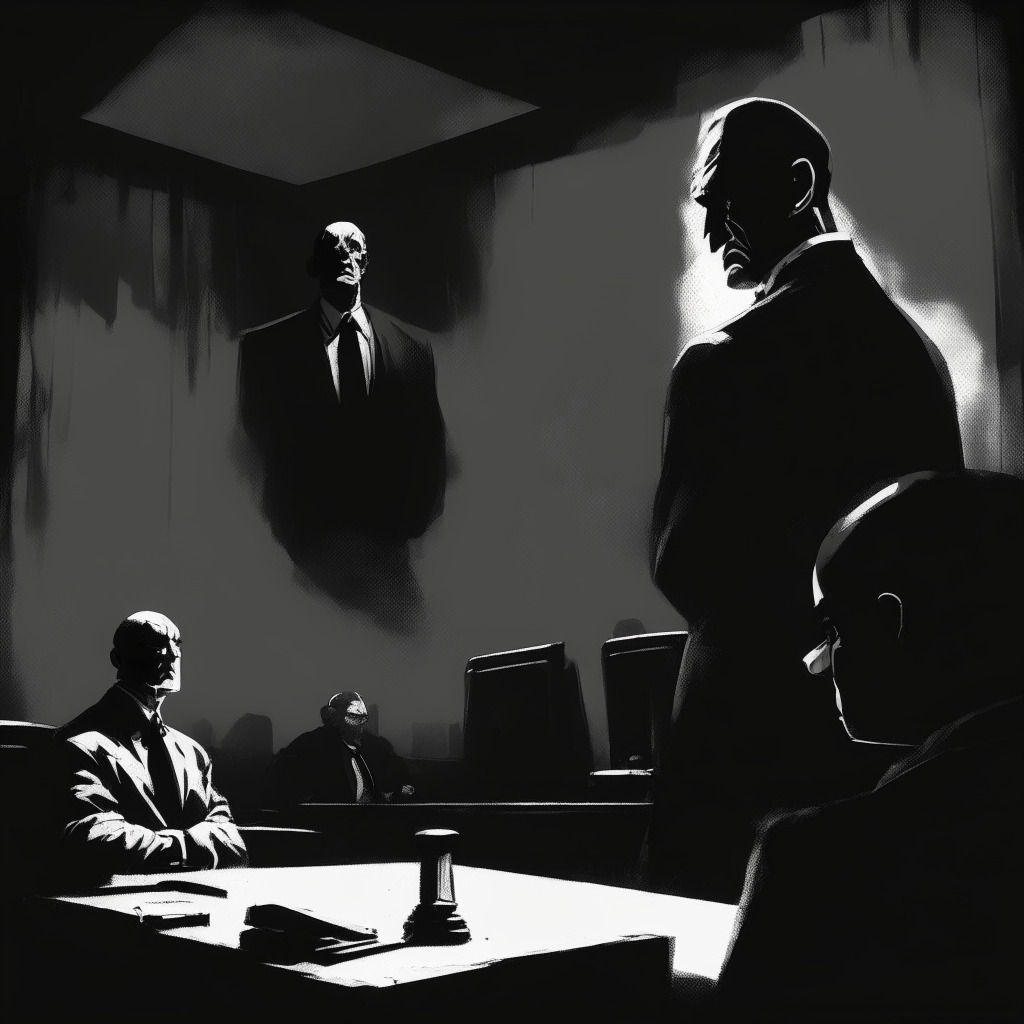A tense courtroom scene with a strong chiaroscuro light effect, echoing the complexity of the regulatory battle. Showcase a shackled figure, representing former FTX CEO, engaged in serious dialogue with an imposing judge. Add hints of crypto symbols and technology. Mood: Intensely dramatic, monochromatic.