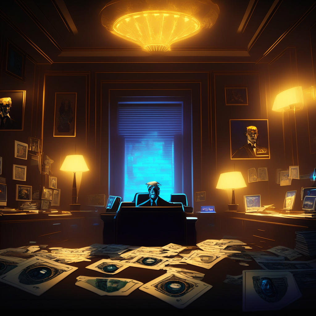 An opulent office with an Ethereum wallet sitting prominently on the desk, an array of distinctive glowing NFT cards marked with Trump's emblematic portrait scattered around. The atmosphere feels secretive yet powerful, laid under a dim, overhead light casting striking shadows. The style, a blend of realism and digital pixel art to signify the association with cryptocurrency. A suspense-filled scenario, capturing the allure and the ambiguity of the crypto world.