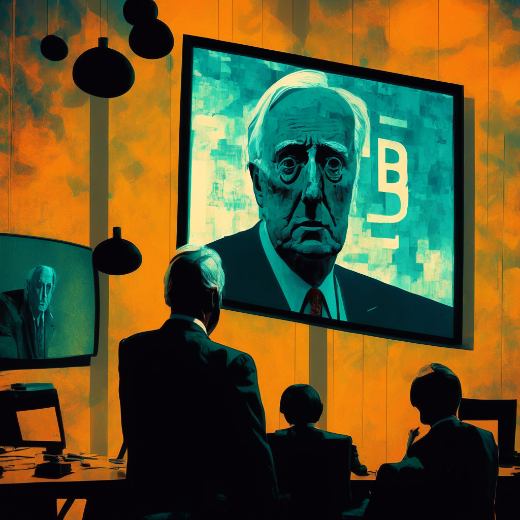 An abstract conference room, old SEC chairman endorsing a Spot Bitcoin ETF on a TV screen, a subtle hint of surprise on viewer's faces, allegorical symbols of Bitcoin and ETF, blended in a touch of surrealism. Mood is anticipatory yet cautious, dappled light signifying an impending change.