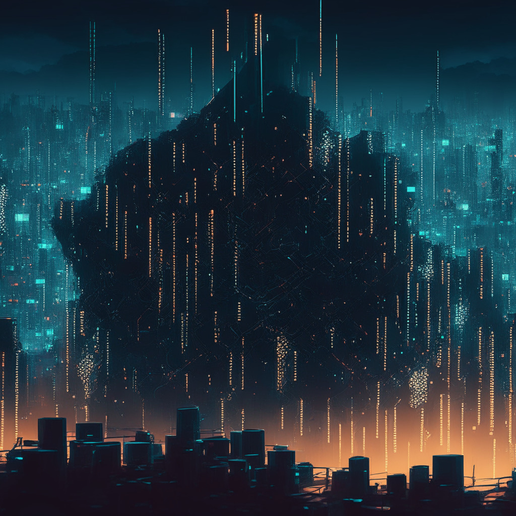 A futuristic fortified network, digital lines shimmering with blockchain patterns, looming over an adorned crypto city under twilight. A stream of real-time data, malicious URLs and smart contracts, advancing towards an army of vigilant bots. Impending mood of confrontation layered with a dramatic, chiaroscuro lighting, rendered in a tech-noir artistic style.