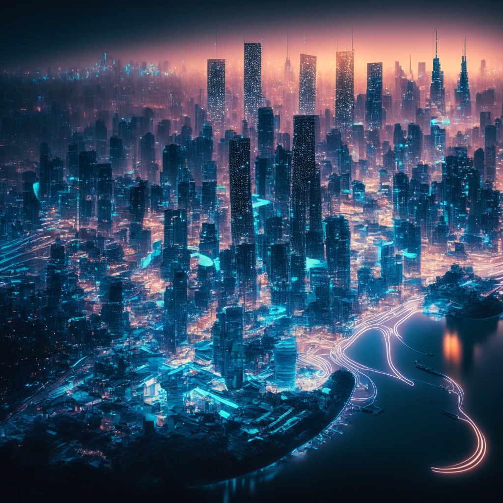An intricately detailed, futuristic cityscape of Hangzhou, lit by the soft glow of dawn. Countless citizens engaged in purchasing event tickets through sleek digital devices, reflecting dynamism and innovation. Upon the devices, holographic yuan symbols float, illustrating the central theme of digital currency adoption. The mood is hopeful, echoing the anticipation and unity of the upcoming Asian Games. A rich color palette of cyans and purples creating an ethereal, tech-forward atmosphere.
