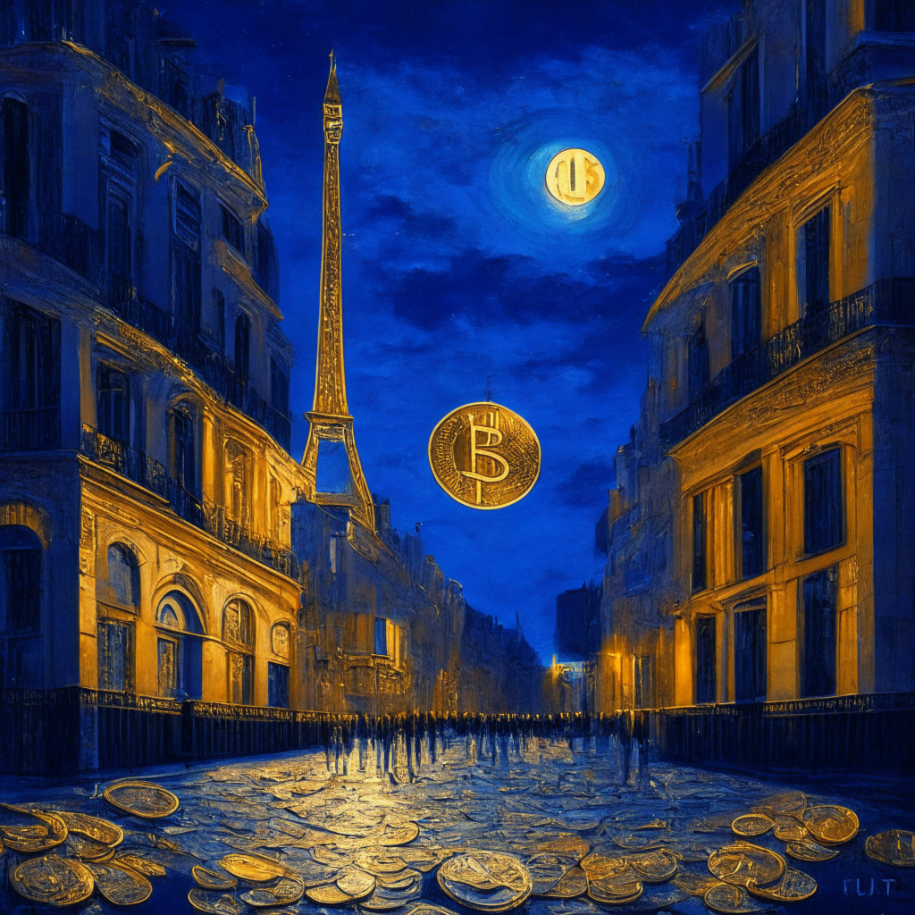 A Parisian streetscape under a twilight sky, filled with symbolic representations of cryptocurrency like golden coins with symbols engraved, and digital matrix codes. European Union flags subtly painted on in impressionist style, signaling unity, a tectonic plate pattern overlaid on the scene, depicting the concept of 'shift'. Mood: intriguing, anticipatory.