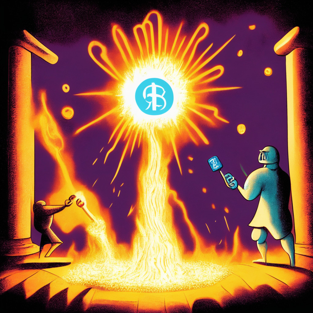 A confrontational scene in the world of decentralized social media, recast in a surrealistic style. The blazing light of a punitive gavel strikes against the calm, luminescent glow of a specialty coin representing rewards, the surrounding atmosphere pregnant with tension and apprehension. The background, a binary-coded universe echoing the crypto ethos, contrasts a looming shadow of a forked pathway, symbolizing exploration of alternatives. An underlying sense of conflict and competition pervades the scene, with the looming threat of monopolisation.