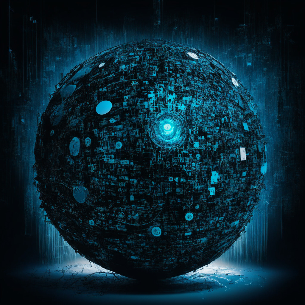A dystopian, noir-style digital sphere filled with abstract representations of compromised data, foreground images of exposed, broken padlocks and ghost-like user icons, vibrant hacking motifs pervasively scattered, eerie shafts of cold blue data-stream light piercing the darkness, set in an oppressive mood of surveillance threat and privacy concerns.