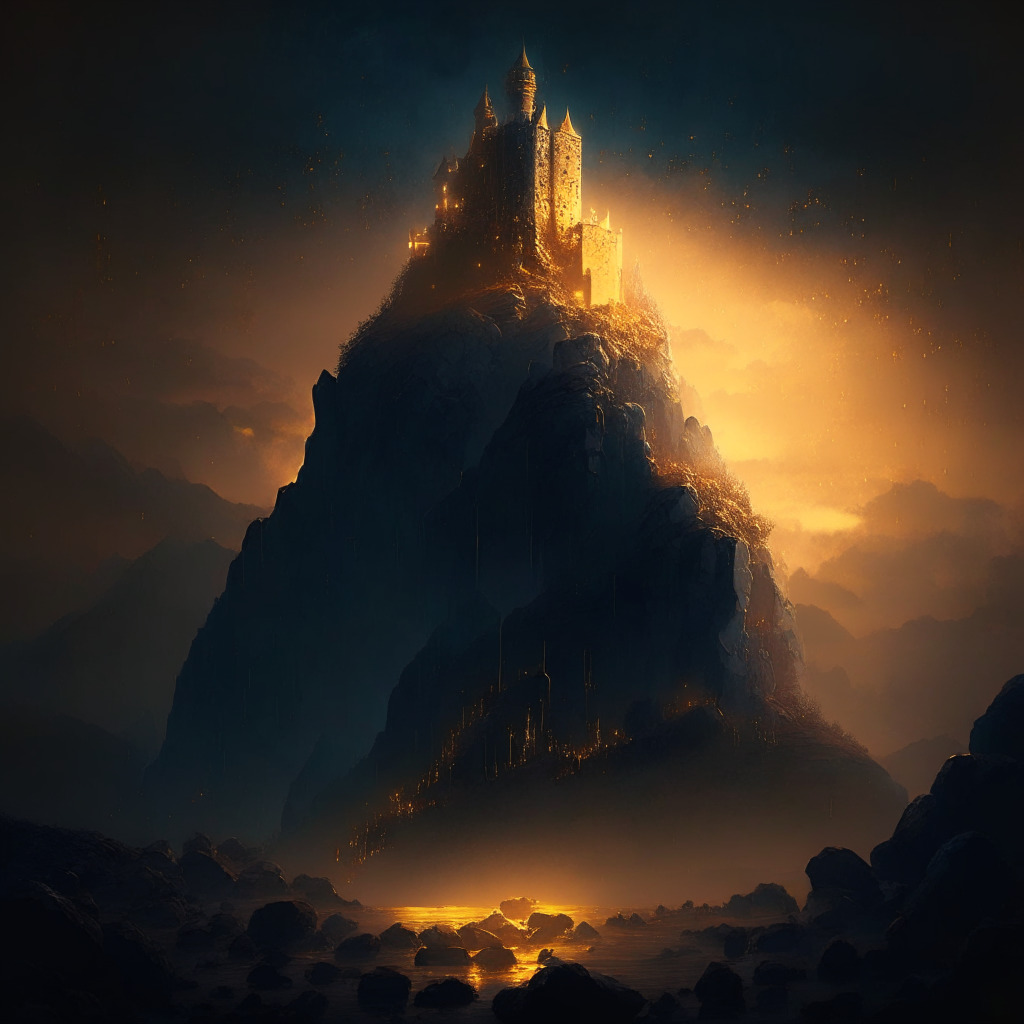 Dramatic scene, late evening with a murky sunset fading. Depict the euphoria of a grand blockchain castle, gleaming in gold & glittering coins, representing Friend.tech's initial rise. Transition to steep rocky terrains, symbolising its rapid decline. Imbibe a somber, ominous theme.