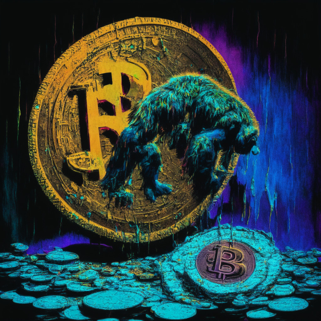 A grimly artistic representation of a once-heralded coin, ApeCoin, undergoing a magnified downward tumble. Vivid colors mirroring the cold, harsh reality of crypto instability. However, imbue a glimmer of hope, reflecting the potential recovery indicated by cooled RSI and bullish MACD. Contrast this scene by having the rising star, Sonik Coin, be pictured triumphantly standing atop a sonic wave, with tokens showering down, illustrating large potential returns. The mood should evoke cautious optimism against a night sky, representing the high-risk nature of crypto investments.