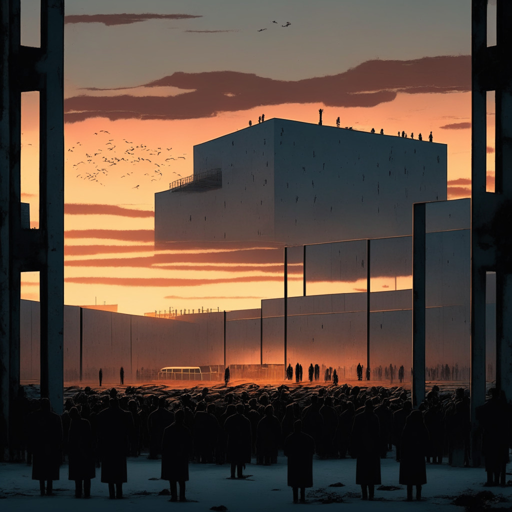 A modern prison scene, dominated by large, overwhelming, cold gray concrete structures, overflowing with a crowd of faceless inmates. The backdrop is a contrastingly vibrant, expansive, luxurious house, receding in the distance under the tranquil hues of a sunset—symbols of a lost opulent life. The scene depicts unsettling quietness with humanity emerging amidst dehumanizing surroundings, enveloped in twilight gloom to evoke a sense of lost privilege and entrapment. Artistic style skews towards realism, showcasing stark contrasts.