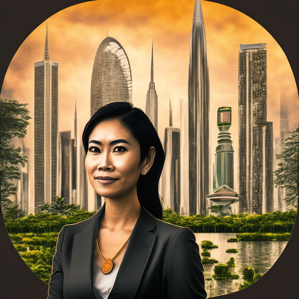 Srettha Thavisin, newly elected PM of Thailand, on a surreal Thai cityscape sprinkled with futuristic skyscrapers denoting the crypto world, abundant greenery symbolizing real estate domain under a dusky, orange-hued sky. Prominence to a silver coin depicting an amalgamation of real estate and crypto. Mood: hopeful anticipation, subtle intrigue.