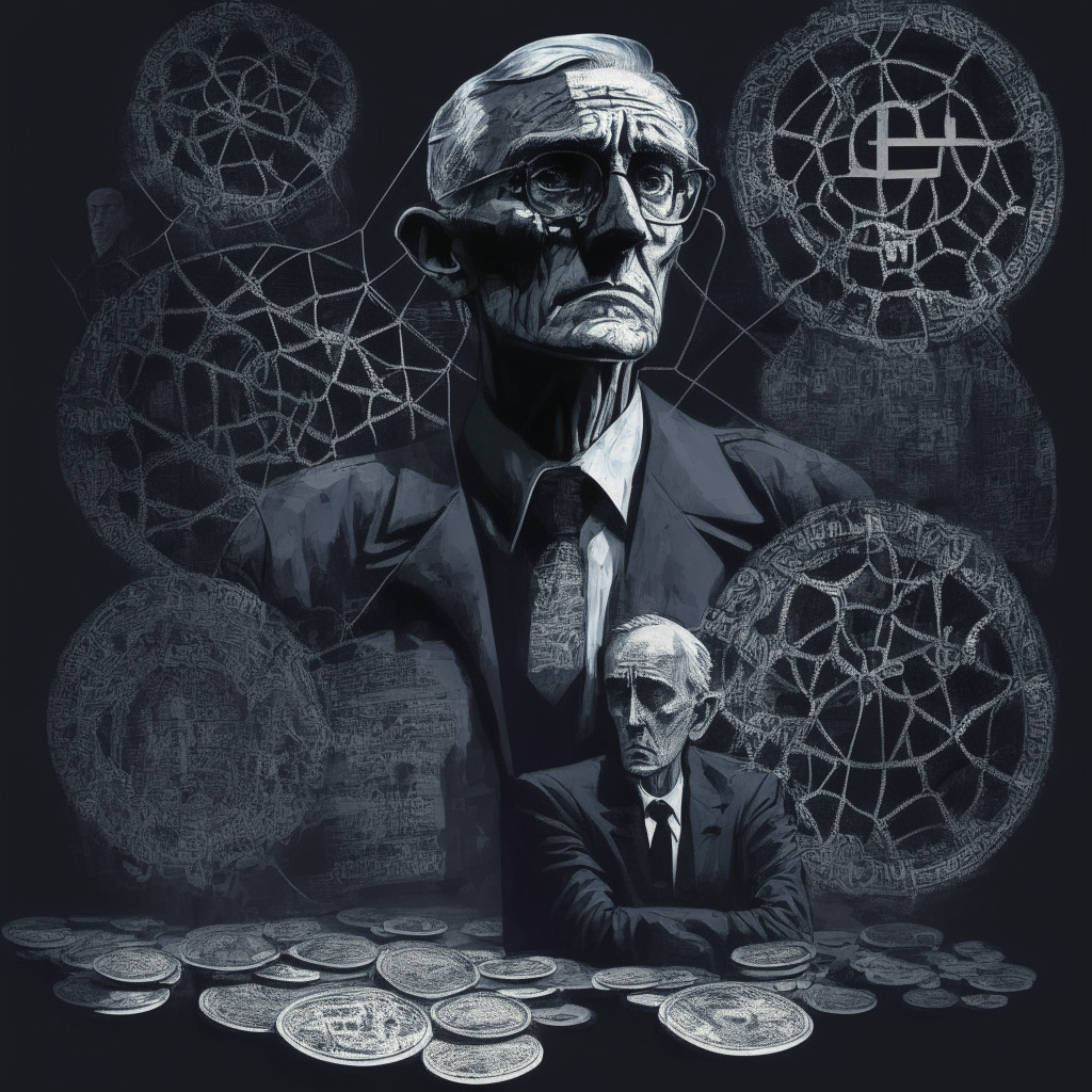 Depiction of a solemn former lieutenant caught in web of deception, juxtaposed with fading traditional state pensions symbols and modern crypto tokens, Neorealist art style. A looming shadow of the SEC regulates the scene, representing impending justice, Cast in dim, somber lighting illustrating downfall and deceit. The mood of image, somber and unsettling.