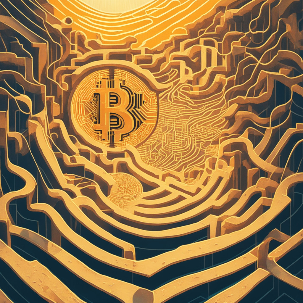 An abstract symbolic representation of Bitcoin's rollercoaster journey, crypto regulators forming a perplexing maze representing labyrinthine difficulties and regulatory paralysis, The background softly illuminated with warm light hues, styled in surrealism to emphasize the complex world of cryptocurrency. Mood is intrigue, hopeful for the Bitcoin surge, yet harboring cautious anticipation surrounding Bitcoin Spot ETFs approval, with potential change of power in regulatory leadership subtly reflected.