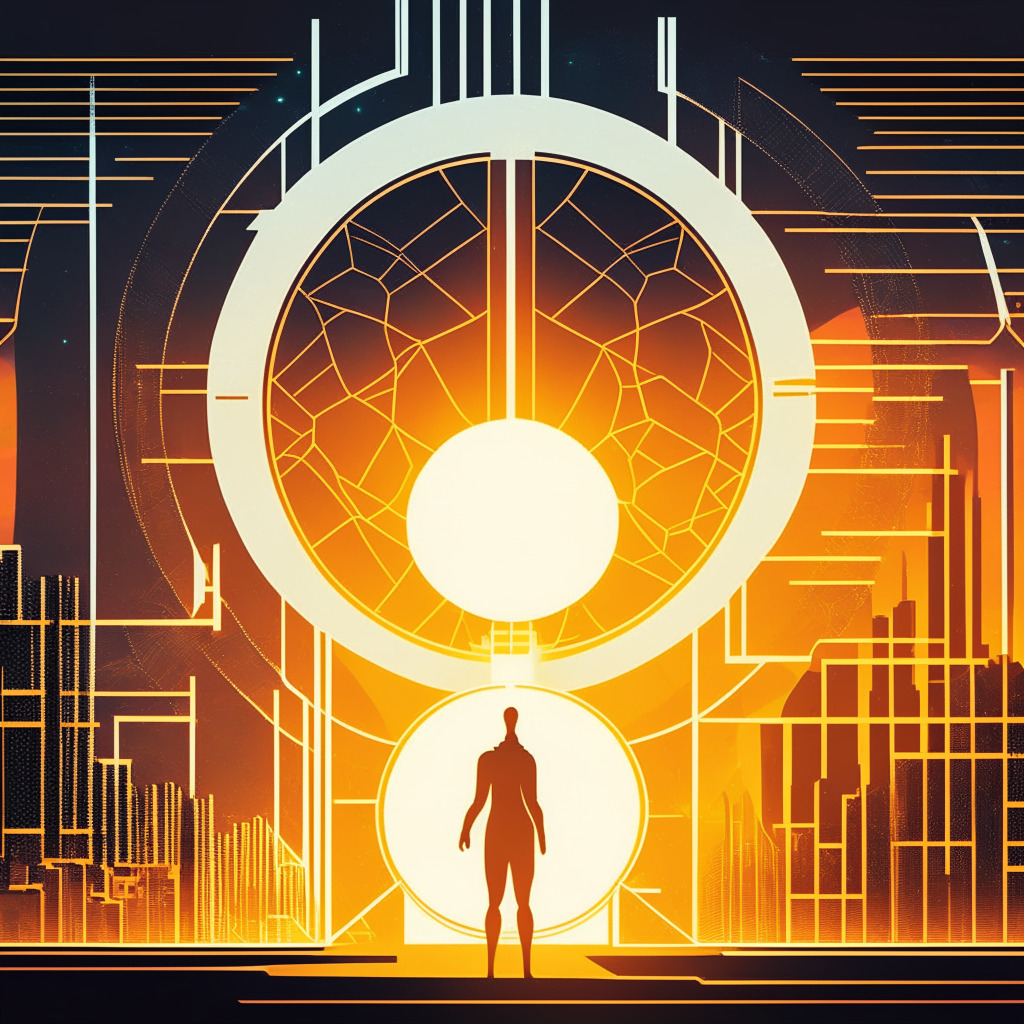 An image depicting the fusion of past and future financial models, stylized in a futuristic art style. A prominent figure in the middle, metaphorically symbolizing the interpretation of data, facing a horizon composed of lines and vectors symbolizing blockchain and AI, backlit by warm and radiant dawn light indicating the promise of technological advancements. The overall mood should be optimistic yet mysterious.