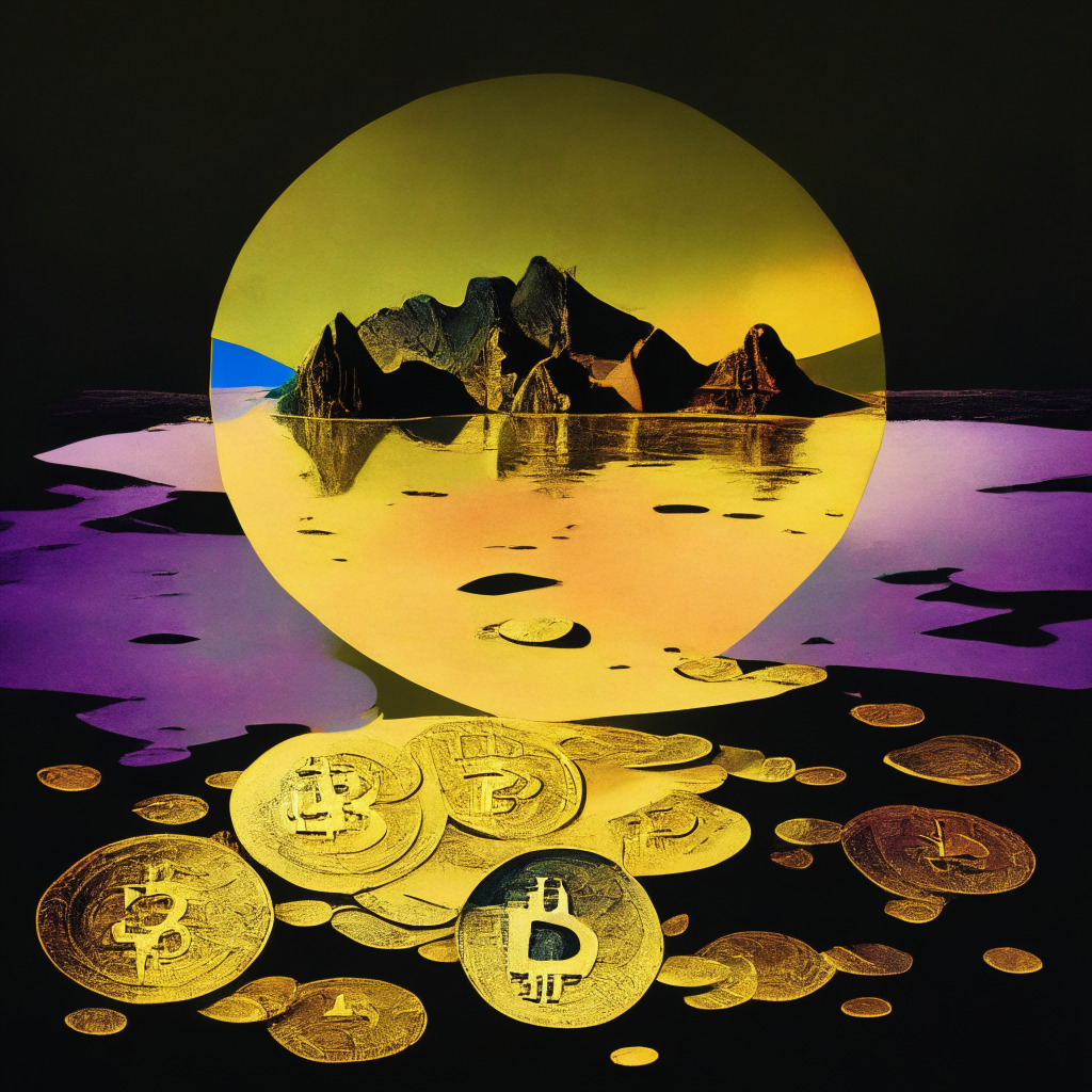 A surreal landscape spotlighting an overturned gold coin, representing BRICS nations doubts about the feasibility of a gold-backed currency. Dark shadows cast by the coin signify Lyn Alden's skepticism. Silhouettes of the five BRICS countries, fading colors denoting their intent to challenge USD dominance. Contrast light setting suggests uncertainty. Final element, faint image of Bitcoin shaking due to possible fall of U.S. dollar, generating a tense and uncertain atmosphere.