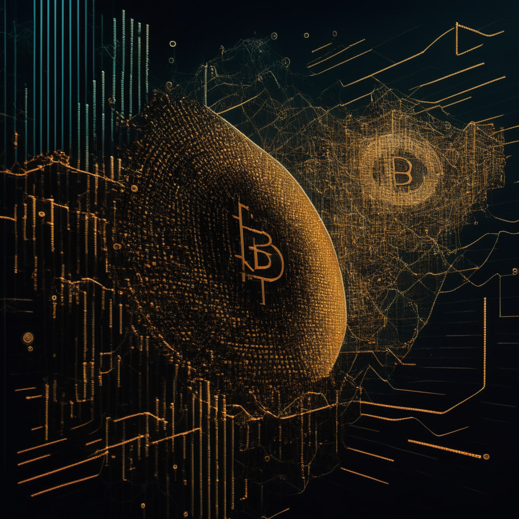 A dramatic, high-contrast, semi-abstract digital artwork. Foreground: a kinetic representation of a Bitcoin mass, given bulk and solidity, infused with a sense of momentum, captured at the cusp of a transformation, surrounded by mesh-like hurdles. Background: an expanse of dimly lit, tumultuous financial market represented by fluctuating bar graphs and arrows. The overall mood is tense, suspenseful and anticipatory, mirroring the dynamic state of the GBTC.