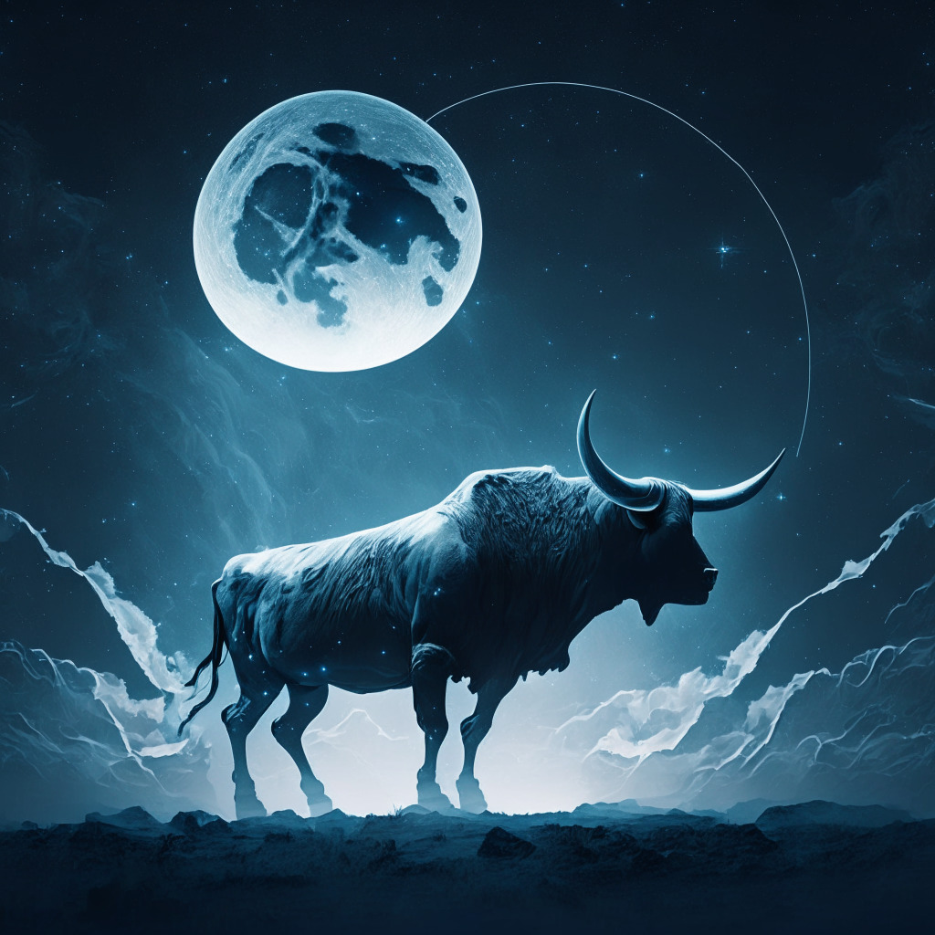 Envision a classic bull in a moonlit celestial landscape, its silhouette dynamic against the silver radiance. Incorporate a subtlety of the blockchain aesthetic, presenting the energy of cryptocurrency, with digital textures and ethereal patterns. There should be elements of risk - a hazy, uncertain atmosphere, hinting at the fluctuating world of crypto trading.
