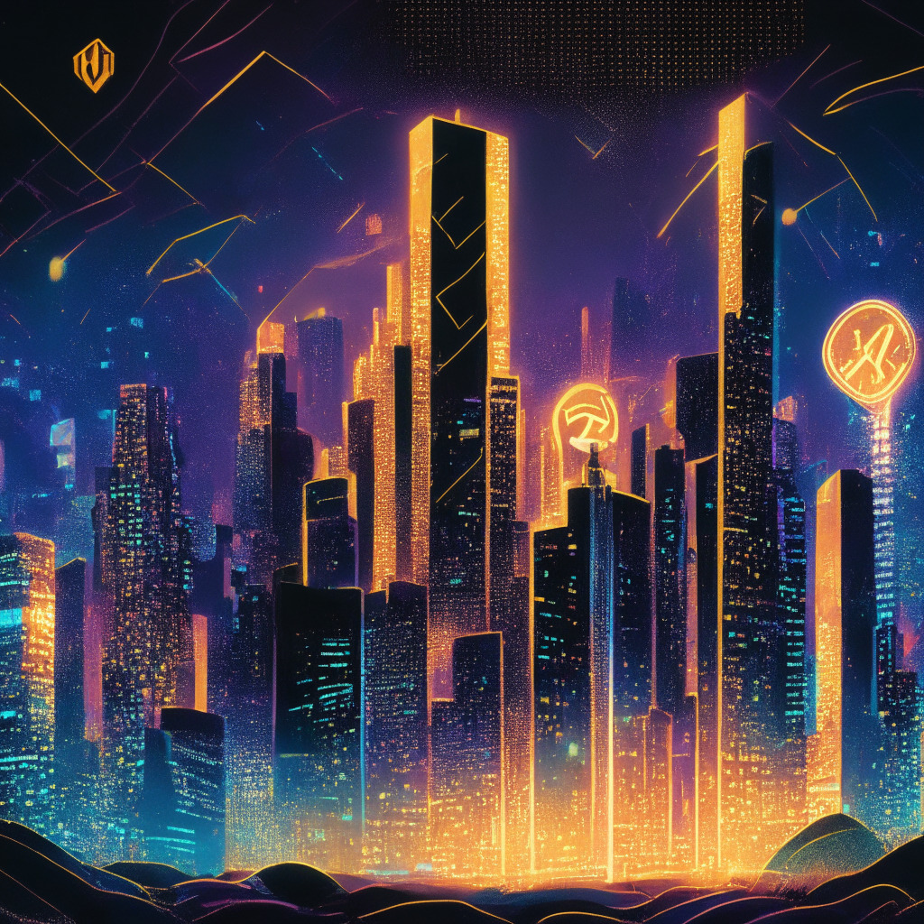 A vibrant night-time cityscape illuminating tokens rising and falling against skyscrapers representing altcoin projects, a prominent token, Rollbit (RLB), sparkling brightly in bold defiance of decline. Rival token, Launchpad XYZ (LPX), glows at the dawn of Web 3.0, depicted as a cutting-edge city in the corner. The mood, a suspenseful balance between risk and reward.