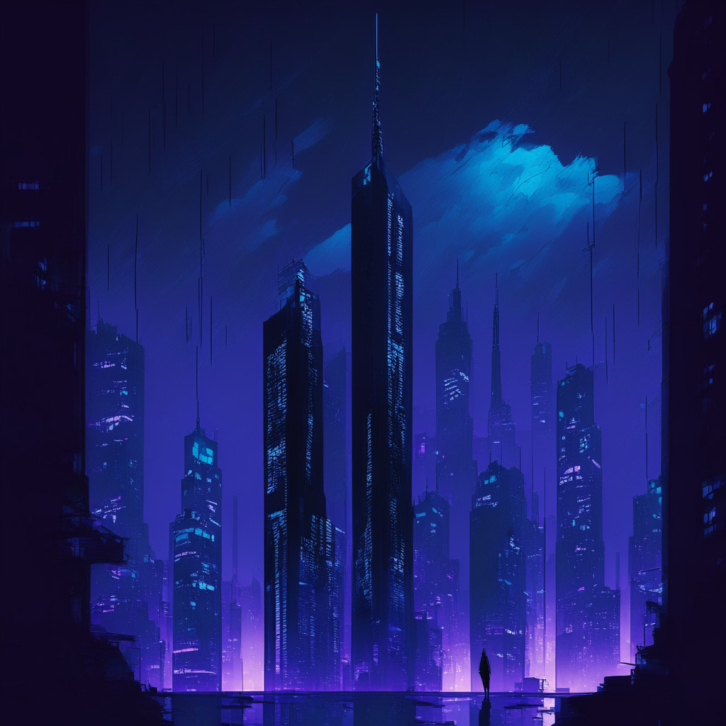 A moody, impressionistic, night-time cityscape bathed in cool blues and purples, silvered by moonlight. Digital skyscrapers tower up, symbolizing the rising trend in cryptocurrency. Representing GenZ, vibrant and diverse young adults hover around a glowing screen, which mirrors tips from a range of social media apps. Hinting at risk, shadows loom ominously in the background.