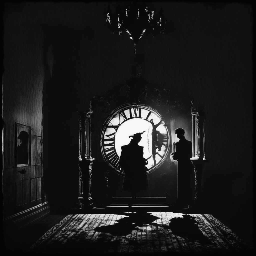 Dramatic tableau of a tense negotiation in the world of digital currencies, darkened room with a spotlight on an antique clock nearing midnight, hint of ambiguous nebulous elements to represent uncertainty, high-contrast to evoke suspense, distant silhouette of a staircase symbolizing the 'exit plan', faint hopeful glimmers interjected to depict potential resolution, and dominating overcast of tension to capture ongoing bankruptcy theme.