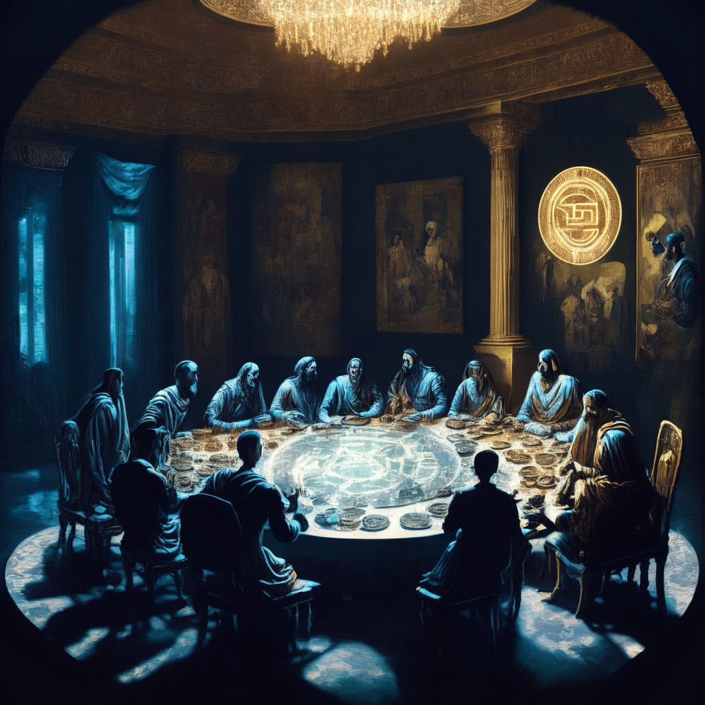 Dramatic evening scene featuring various world leaders gathered around a table, in the style of a renaissance painting, discussing cryptocurrency and AI ethics. The table is strewn with futuristic iconography: digital coins, holographic AI interfaces. Prime Minister Modi stands out, making a compelling point. Soft light illuminating the scene alludes to enlightenment, applying artistic shadows to create a sense of urgency and grave importance.