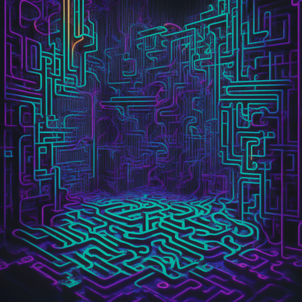 A chaotic and intricate labyrinth formed of intertwined codes and numbers in cool neon hues, symbolizing the complex world of cryptocurrency. Set under a dim, ominous light to convey a sense of mystery and deceit, inspired by baroque sensibilities. The labyrinth suddenly ends in a dark void, symbolizing losses and uncertainty in cryptospace, and features shadows of hidden figures, manipulating strings behind the scenes to depict potential fraud and manipulation. Mood is tense and cautionary.