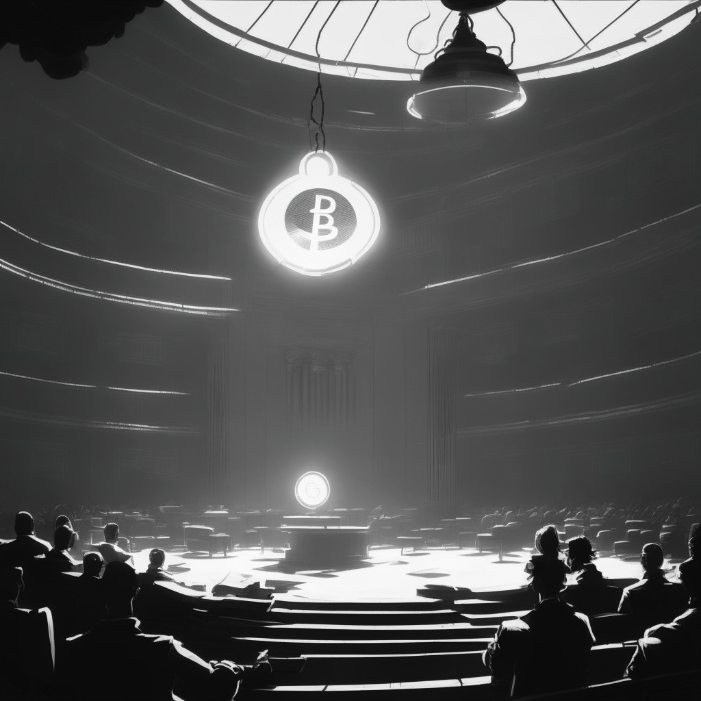 A courtroom setting in grayscale, a massive golden Bitcoin symbol dominating the scene symbolising Grayscale Bitcoin Trust's role. The room is lit with moody subdued lights, shadowed figures of traders, a pendulum swinging above symbolising volatility. A distant horizon reflecting the glimpse of impending transformation in cryptomarket, with cautionary undertones - all in Impressionist style.