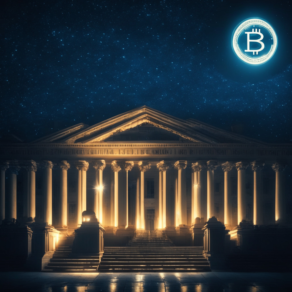 A courthouse in the foreground, subtlety glowing Bitcoin symbol hovering in the night sky. The architecture of the court is a blend of classical and modern style. The mood is optimistic yet suspenseful. The scene is partially lit, highlighting the court and the Bitcoin symbol, suggesting anticipation of the regulatory decision.