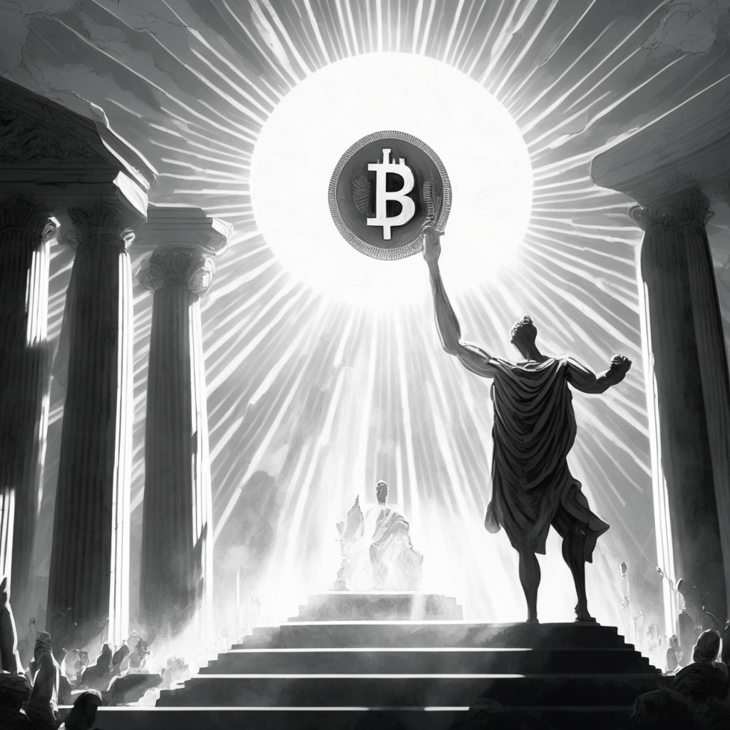 A grand scale coated in grayscale hues, symbolizing the triumph of a looming Bitcoin symbol over a depiction of US regulators. The light setting, a rising sun, signifies a new dawn after a win. The mood is tension-filled yet victorious, with implications of coming struggles between crypto firms and regulations.