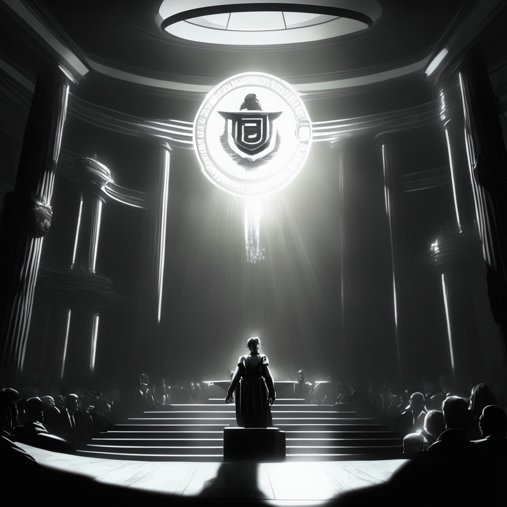 A courtroom scene under dramatic, high contrast lighting, a jubilant figure resembling a crypto coin, signifying Grayscale's legal triumph standing against a somber representation of SEC. To contrast, a technologically advanced field glowing with Nvidia GPUs signifying Iris Energy's pivot to AI. Mood of the image to balance between triumph and curiosity.