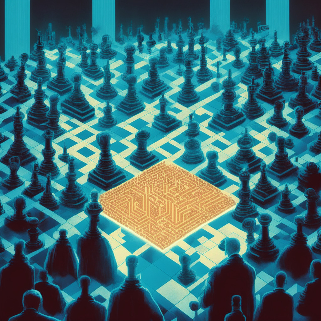 A bustling financial scene illuminated by the cool glow of computer screens, featuring Bitcoin as the focal point, victorious in a court ruling. The complexity of the regulatory landscape is represented by a maze behind, and a teetering scale representing the SEC. The mood is tense yet optimistic, with various other cryptocurrencies represented as chess pieces, ready to make their move. A blend of Renaissance art and Modernist style depicts the intersection of tradition and innovation.