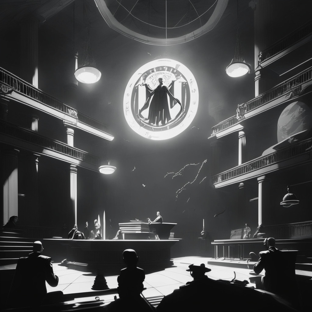 A complex legal battlefield embodied in a courtroom under warm dramatic lighting, imposing illustrated figures representing Bitcoin and Grayscale locked in an intense but balanced contest. Depict intricate architectural detail, an air of anticipation, and tension present. Include symbolic elements of a speculative future for cyptocurrency, ETF applications and a looming decision, adding a sense of potential triumph. Maintain a cinematic, noir aesthetic, evoking a mood of suspense and discovery.