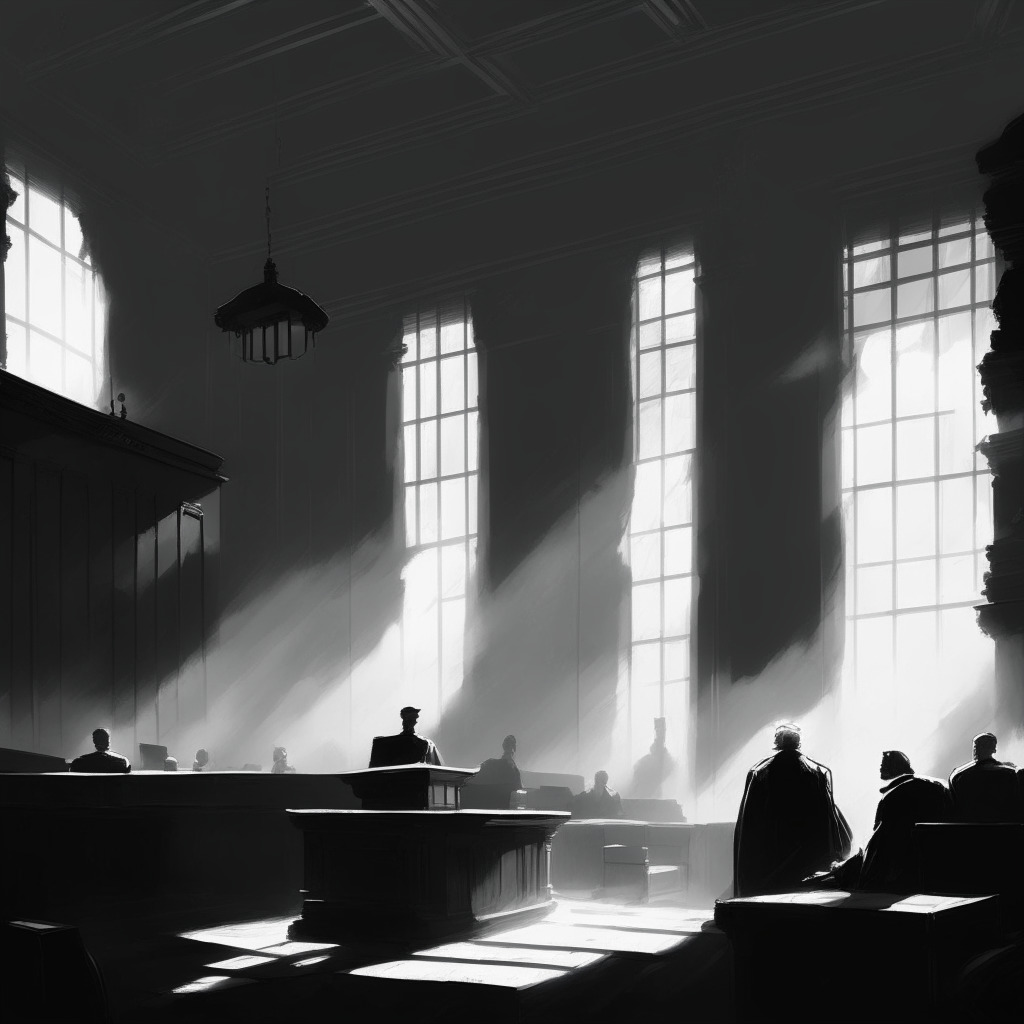 A courtroom with shadowy figures, in monochromatic shades of grey. A scale, symbolizing justice, slightly tipping in favor of Bitcoin. Light diffusing through a window suggesting early victory, yet clouds loom ominously outside. The mood is suspenseful and hopeful, rendered in an impressionist style.