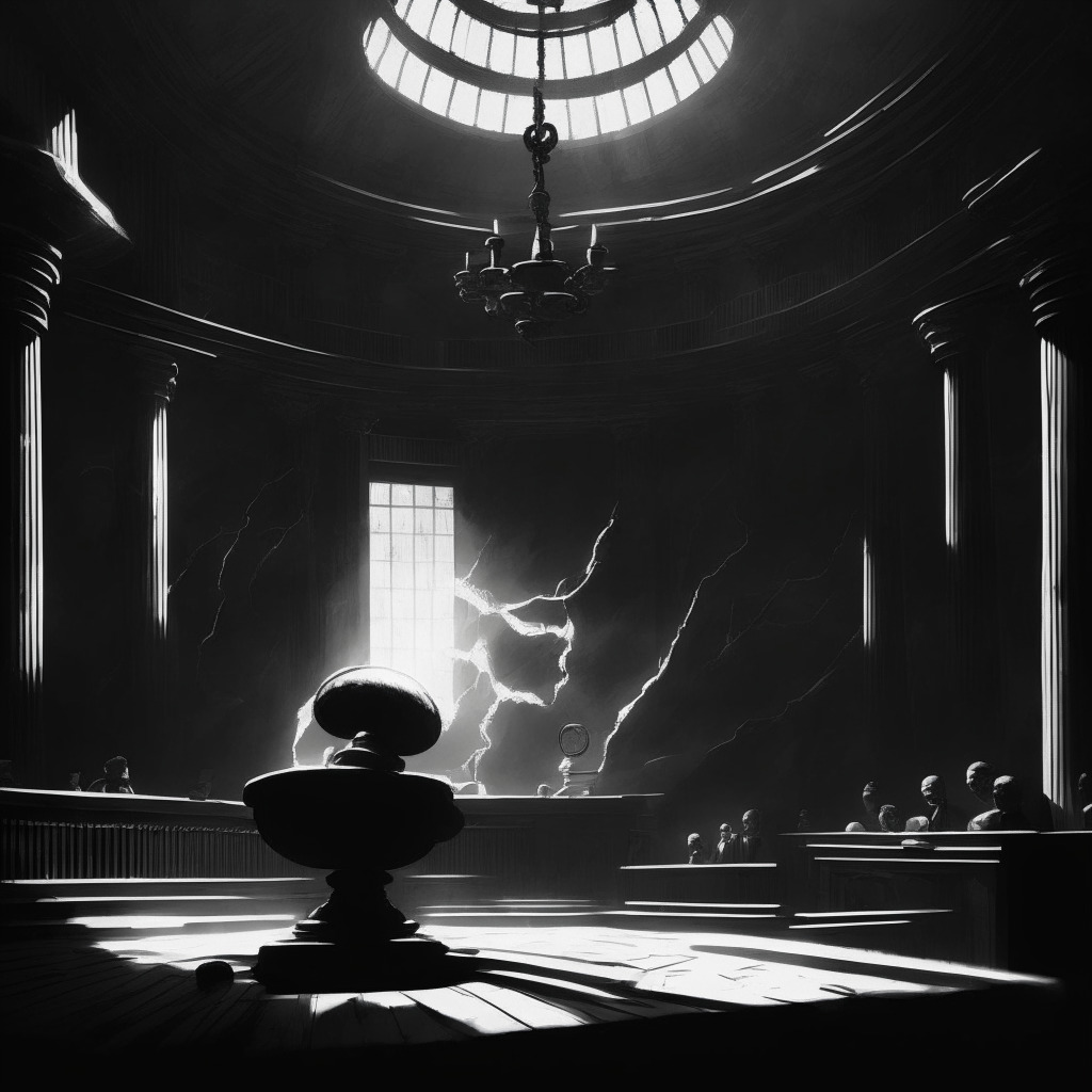 An atmospheric courtroom bathed in dramatic, contrasting lighting, brimming with anticipation and tension. In the foreground, a gavel, symbolizing the recent decision concerning Grayscale's Bitcoin ETF application. An abstract crypto coin, splendid yet veiled in uncertainty, hovers in the midst. The backdrop depicts a teetering scale, embodying the mixed emotions within the crypto community. An emerging dawn reflects the potential new era in crypto regulations, contrasted by a looming storm, reflecting the uncertainty and potential backlash.